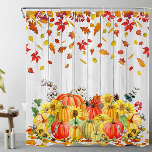 Farmhouse Sunflower Fall Shower Curtain for Bathroom, Autumn Thanksgiving Harvest Pumpkin Maple Leaf on Rustic Vintage Wood Boards Fabric Bathroom Decor Set with Shower Curtain Hooks, 72x72 Inch Farmhouse Sunflower Fall Shower Curtain for Bathroom, Autumn Thanksgiving Harvest Pumpkin Maple Leaf on Rustic Vintage Wood Boards Fabric Bathroom Decor Set with Shower Curtain Hooks, 72x72 Inch