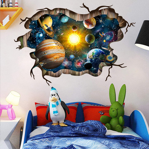 3D Broken Cosmic Outer Space Galaxy Wall Decals, Planet Universe for Wall Stickers?Creative Stars and Solar System Wallpaper Home Room Decor Peel ? Stick Kids Bedroom Art Bathroom Decor-80*120cm