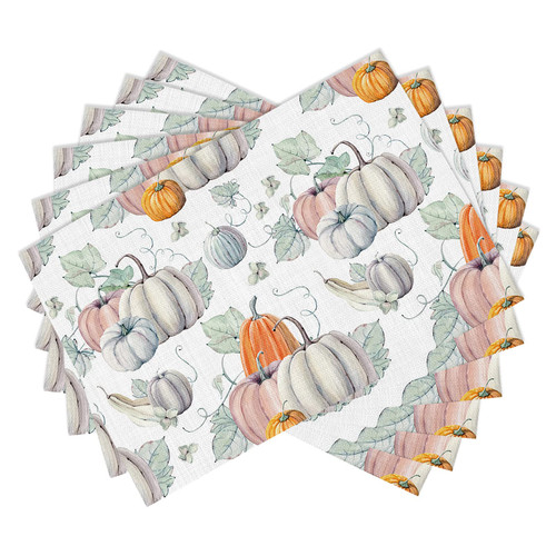 Thanksgiving Placemats, Pumpkins Placemats Set of 6 Watercolor Pumpkins Happy Thanksgiving Recipe Fall Placemats for Dining Table Non-Slip Washable Table Place Mats 13 x 19 Inch