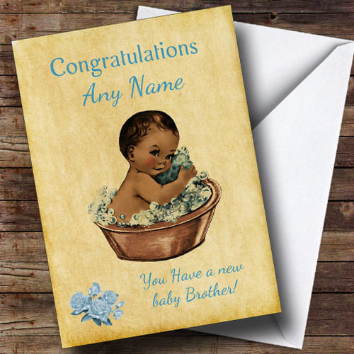 Pretty Vintage Blue Black Baby Boy Brother Personalized Sibling Greetings Greetings Card