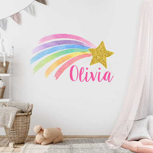 Custom Name Wall Decal - Shooting Star Rainbow Wall Decals - Personalized Name Wall Sticker - Pastel Rainbow Gold Glitter Star Wall Art - Wall Decal for Girls Bedroom Nursery Decor