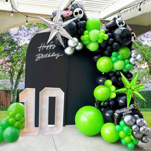 Video game Balloon garland kit 135pcs Green and Black Silver Controller balloon arch Gamer night Decorations For boy minecraft birthday party supplies