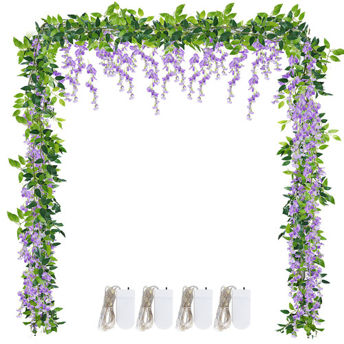 4Pcs Artificial Wisteria Garland,28.8ft Wisteria Artificial Flowers Garland with Light,Fake Silk Wisteria Flower Vine Hanging Plant Decoration for Outdoor Ceremony Wedding Arch Floral Decor
