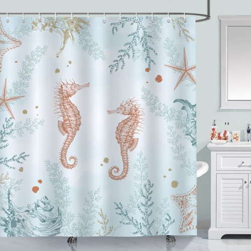 Bonhause Coastal Seahorse Shower Curtain Starfish Coral Beach Ocean Decorative Bath Curtain 72 x 72 Inch Polyester Fabric Machine Washable Waterproof Bathroom Curtain with 12 Hooks
