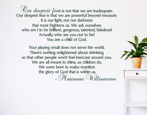 Tamengi Our Deepest Fear Wall Decal, Marianne Williamson Quote, Child of God, Inspirational Wall Art 50" Wide