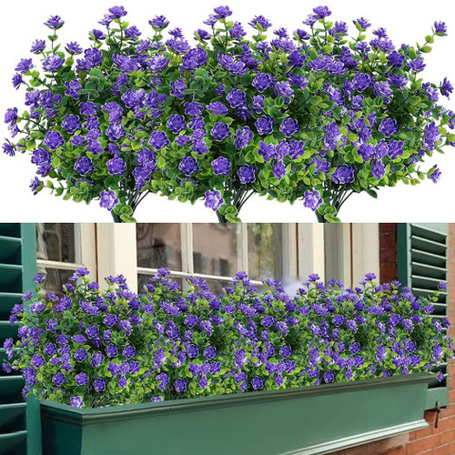 JyiHope Artificial Fake Flowers Boxwood, Faux Flowers Plants Outdoor UV Resistant Greenery Shrubs Indoor Outside Hanging Planter Home Porch Garden Farmhouse Decor (8 Bundles, Purple)