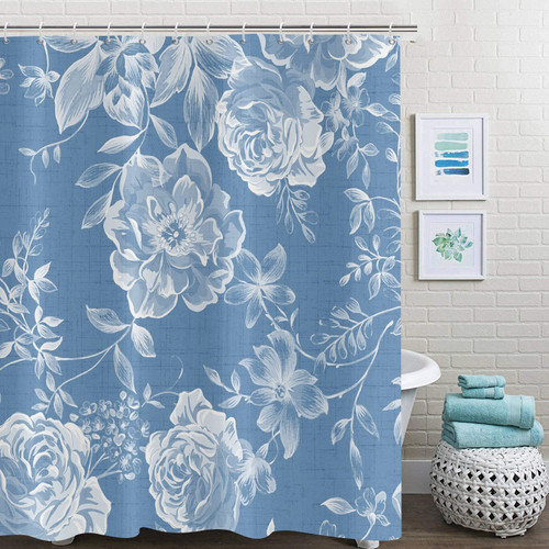 CRTPOD Blue Shower Curtain White Floral Bath Curtain with Hooks Botanical Flowers on Blue Bathroom Curtains Decor Waterproof Fabric 72Wx72L