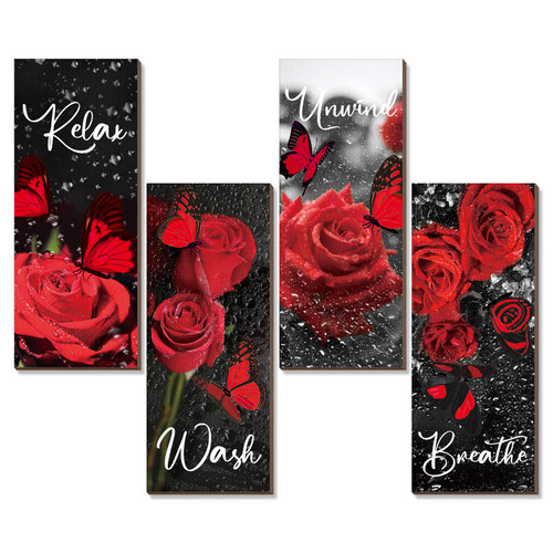 Tatuo Set of 4 Red Rose Bathroom Wall Decor Wooden Rose Bathroom Wall Art Breathe Wash Unwind Relax Living Room Signs Farmhouse Floral Rustic Wooden Plaque for Home Bedroom Decorations, 11 x 4 Inch