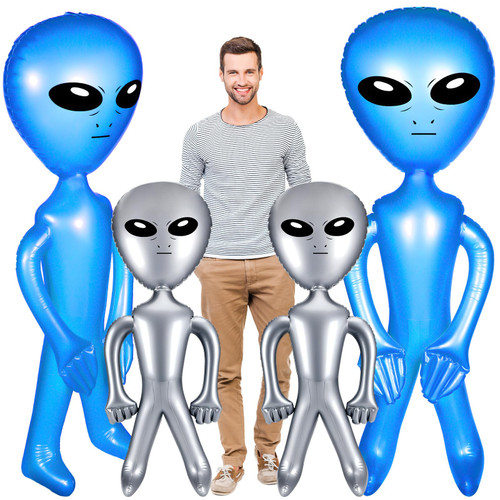 4 Pieces 63 Inch 35 Inch Inflate Alien Jumbo Alien Giant Inflatable Alien Blow up Alien Inflate Toy for Party Decorations, Birthday, Halloween, Alien Theme Party (Silver, Blue)