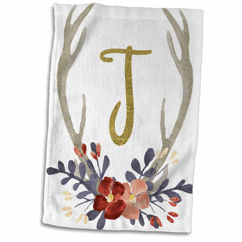 3dRose Glam Gold K Monogram in A Watercolor Pink and Blue Floral Antler Towel, 15" x 22", White
