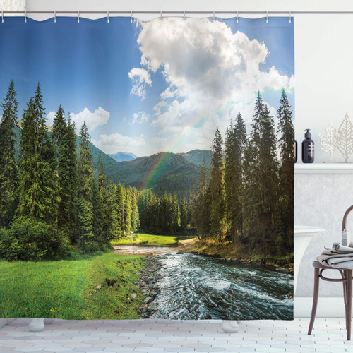 Ambesonne Landscape Shower Curtain, Riverside Flowing Mountain with Towering Pine Trees and Rainbow Clouds Sunny Day, Cloth Fabric Bathroom Decor Set with Hooks, 69" W x 75" L, Hunter Green Ambesonne Landscape Shower Curtain, Riverside Flowing Mountain with Towering Pine Trees and Rainbow Clouds Sunny Day, Cloth Fabric Bathroom Decor Set with Hooks, 69" W x 75" L, Hunter Green