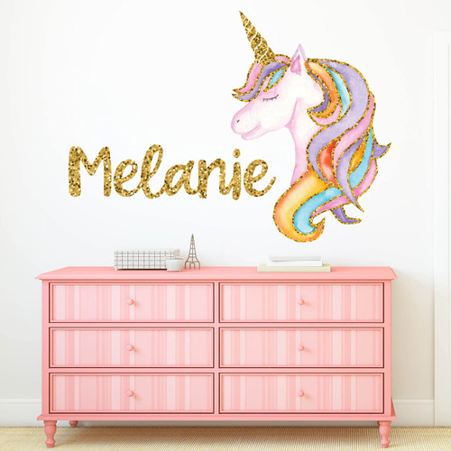 Custom Name Wall Decor for Girls - Unicorn Wall Decals - Gold Glitter Unicorn Wall Art - Personalized Name Decal - Baby Girl Wall Decor - Rainbow Wall Decal Sticker