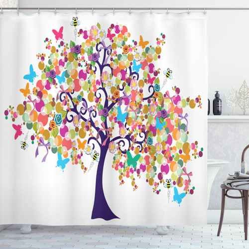 Ambesonne Tree of Life Shower Curtain, Abstract Ornate Spring, Cloth Fabric Bathroom Decor Set with Hooks, 69" W x 70" L, Indigo Magenta