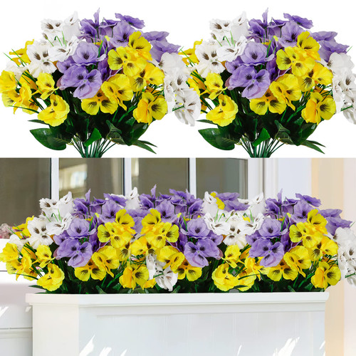 TOCHGREEN Artificial Fake Flowers Outdoor UV Resistant Artificial Pansies Wild Flowers Daisy 6 Bundles Faux Silk Flowers for Outdoors Garden Porch Window Box Home Wedding Farmhouse Decor (Hunse)