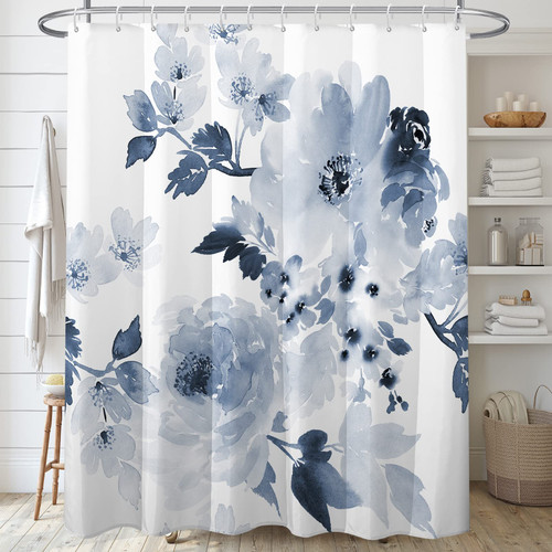 Decoreagy Watercolor Blue Floral Shower Curtain Sets,Navy and White Flowers Bathroom Curtains,Modern Minimalist Art Bath Curtain,Waterproof Fabric with 12 Hooks 72x72 Inches