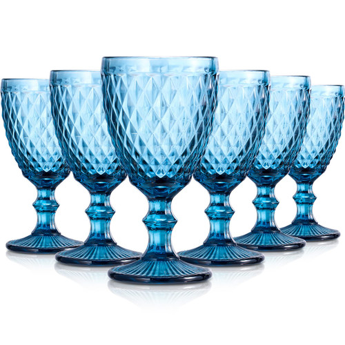 Hoolerry Wine Goblets Set of 6 Blue Wine Goblets 10 oz for Party Diamond Vintage Pattern Embossed Goblet Glasses Colorful Drinkware Water Goblets Set for Wedding or Gifts