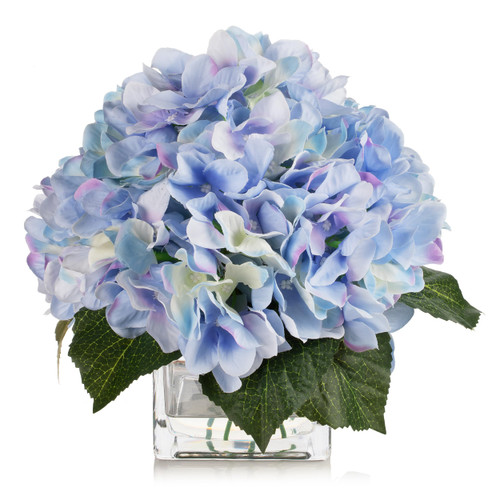 ENOVA FLORAL Silk Hydrangea Artificial Flowers in Vase with Faux Water, Silk Flower Arrangements in Vase for Home Decor, Wedding Table (Blue)