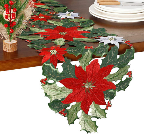 GRANDDECO Christmas Holiday Table Runner for Farmhouse Parties Embroidered Red Christmas Flower Dresser Scarves Xmas Home Kitchen Dinner Table Decoration (Table Runner 13X45(33X114cm), Red)
