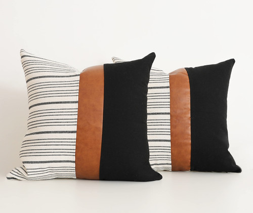 Throw Pillow Covers 24 x 24 Inch Farmhouse Pillow Covers,Cotton Tan Faux Leather Square Home Decorative Pillow Case, Set of 2 Stripes Textured Linen Throw Pillow Case for Sofa Couch Chair Bedroom