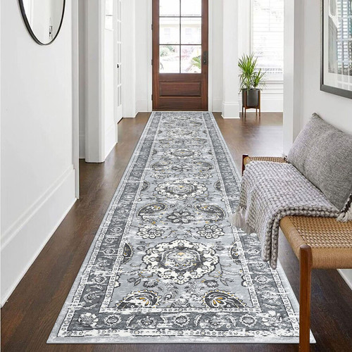 Ileading Kitchen Runner Rug 2' x 10' Paisley Runner Rug with Rubber Backing Washable Long Runner Rugs for Hallway Non-Slip Grey Floor Runner Carpet for Entryway Hallway Bathroom Bedroom