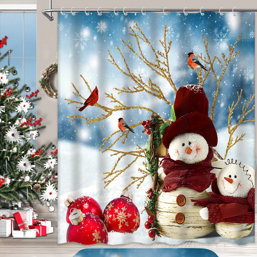 Ouyisha Christmas Shower Curtain Snowman Snowflake Shower Curtain for Bathroom Winter Red Xmas Ball Christmas for Home Decorations Fabric Waterproof with Hooks, 72" X 72"
