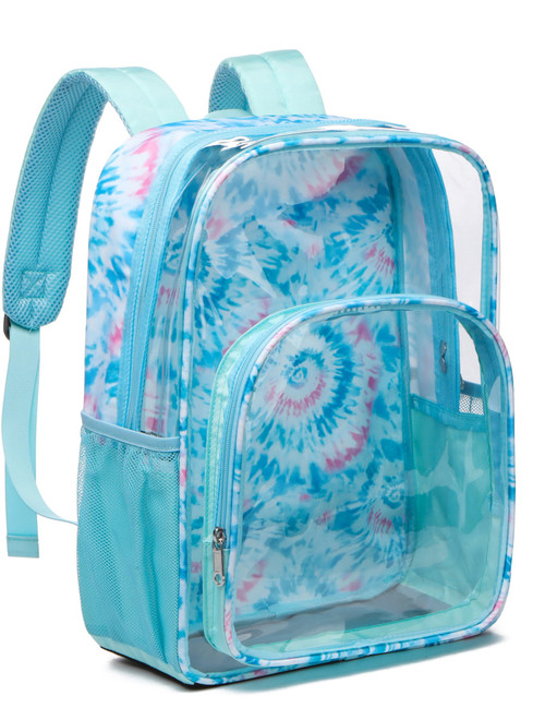 BLUEFAIRY Clear Backpacks Stadium Approved Heavy Duty Transparent Book bag Large Plastic See Through Tie Dye Bag with Reinforced Bottom for Kids School Work Security Travel Gifts Mochila Clara 17 Inch (Blue)