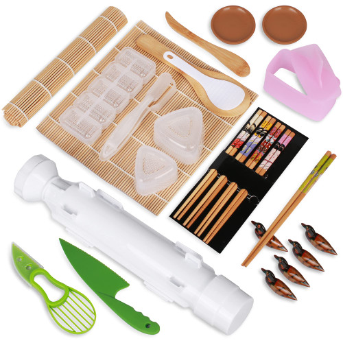Ajerg Sushi Making Kit - DIY Sushi Roller Mold Maker Kit, Sushi Kit with Bamboo Sushi Rolling Mat, Sushi Bazooka Kit, Rice Mold, Sushi Knife, Chopsticks Pack Reusable