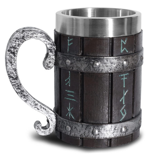 Nordic Viking Rune Beer Mug, Resin Beer Stein Tankard Cup Stainless Steel Wooden Viking Coffee Cool Mug Viking Gift for Men Beer Cup Stein