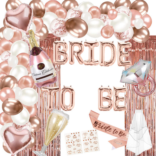 Bachelorette Party Decorations Rose Gold Bride to Be Balloons We are Engaged Balloons Garlands Arch Kit Bride to Be Sash, Shoulder Length Veil, Tattoos for Bridal Shower Party Supplies Decorations
