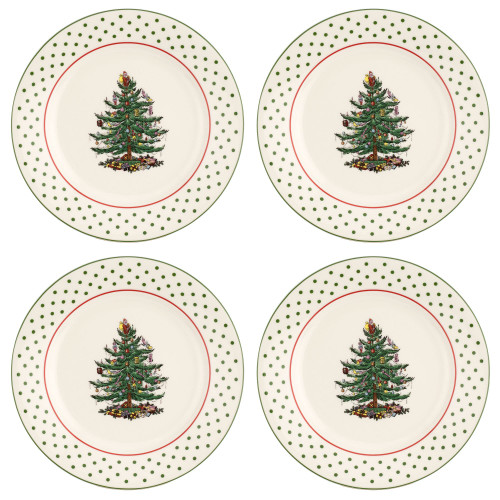 Spode Christmas Tree Collection Dessert Plates, Set of 4, Polka Dot Design, Use for Dessert, Appetizers, or Salad, Measures at 8-Inches, Dishwasher and Microwave Safe