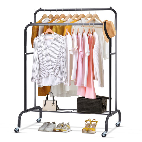 Sapodilla Double Rod Garment Rack with Shelf,Heavy Duty Hanging Clothes Rack with Wheels,Rolling Clothing Rack for Hanging Clothes,Clothes Hanger Rack,Metal Frame,Black