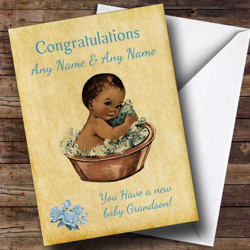 Pretty Vintage Blue Black Baby Boy Grandson Personalized Sibling Greetings Greetings Card