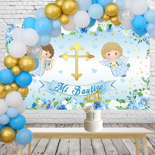 Mi Bautizo Decorations Set Baptism Party Supplies with Blue Mi Bautizo Backdrop Banner,Blue Gold Balloon Garland for God Bless First Holy Communion Christening Confirmation Religious Party Baby Shower