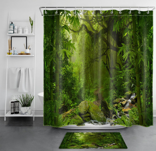 LB Green Forest Shower Curtain Sets with Rugs Jungle Dense Botanical Tree Bamboo Leaf Nature Scenery Fabric Shower Curtain with Hooks Rainforest Bathroom Curtains Shower Set, 72x72 inches
