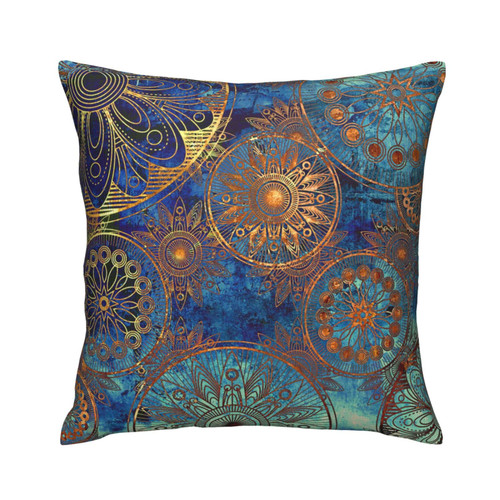 VARUN Square Throw Pillow Covers Golden Blue Mandala Bohemian Pillow Cases Decorative for Home Bedroom Sofa Pillowcases Standard Size 18X18 Inch