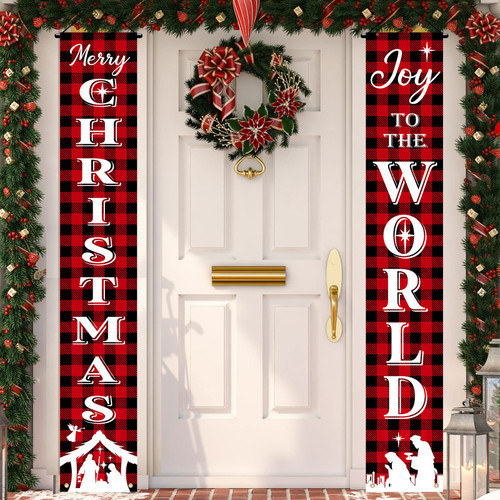 Christmas Nativity Porch Sign Banner Merry Christmas Door Banner Joy to the World Jesus Religious Banner Front Porch Holy Nativity Christmas Decorations for Home Xmas Holiday Front Door (Plaid Style) Christmas Nativity Porch Sign Banner Merry Christmas Door Banner Joy to the World Jesus Religious Banner Front Porch Holy Nativity Christmas Decorations for Home Xmas Holiday Front Door (Plaid Style)