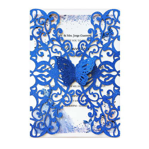 KUCHYNEE 20PCS Royal Blue Glitter Laser Cut Butterfly wedding invitations kit 5 x7.3 Inch Hollow Floral Butterfly Pocket Invitation for Wedding Quincenera Invite (Royal Blue Glitter)