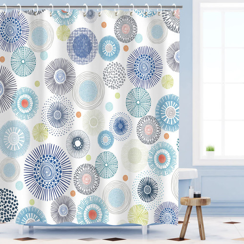 RosieLily Colorful Shower Curtain, Blue Shower Curtains Set with 12 Hooks, Geometric Shower Curtain, Polka Dot Circle Firework Bathroom Decor, 72 x 72 Inch Waterproof