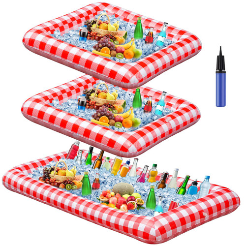 Leitee 3 Pcs Inflatable Serving Bar/Ice Buffet Serving Tray Drink Cooler with Drain Plug Inflatable Cooler for Parties Food Drink Holder Cooler Containers with a Hand Pump (Red and White Checkered)