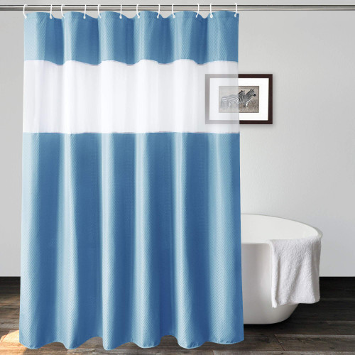 UFRIDAY Stall Shower Curtain Fabric 36 x 72 inch,Light Blue Shower Curtain with Window at Top,Heavy Duty Waffle Hotel Water Repellent Bathroom Curtain