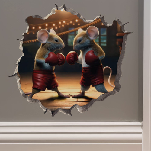 Boxing Mice in Mouse Hole Decal - Mouse Hole 3D Wall Sticker