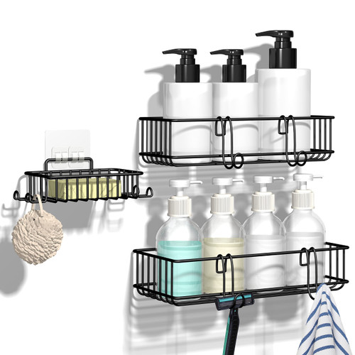 TONLEA Shower Caddy, Shower Organizer for Bathroom, 3-Pack Rustproof Stainless Steel Shower Shelves with Soap Dish and 4 Hooks for Bathroom Storage, Adhesive or Drilling Kitchen Organization, Black