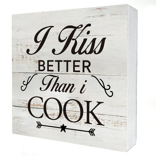 Funny Kitchen I Kiss Better Than I Cook Wooden Box Sign Desk Decor Rustic Cooking Wood Block Plaque Box Sign for Home Kitchen Shelf Table Decoration (5 X 5 Inch)
