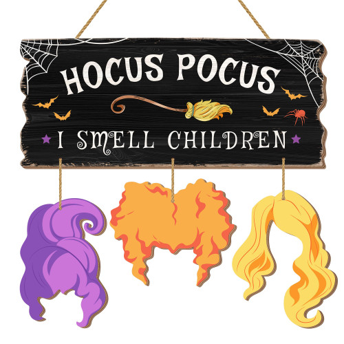 Halloween Hocus Pocus Door Sign Decorations, Hocus Pocus I Smell Children Wooden Hanging Sign for Front Door Hanger Wreath Decor Indoor Outdoor Home Yard Wall, Witch Halloween Party Supplies