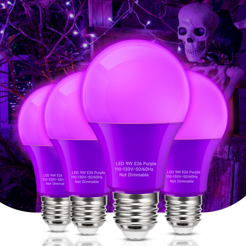 Purple Light Bulbs Halloween Decorations, 9W Equivalent 60W A19 Colored Light Bulb, E26 Base Purple LED Bulbs for Home Indoor Outdoor Party Holiday Wedding Lighting 4 Packs