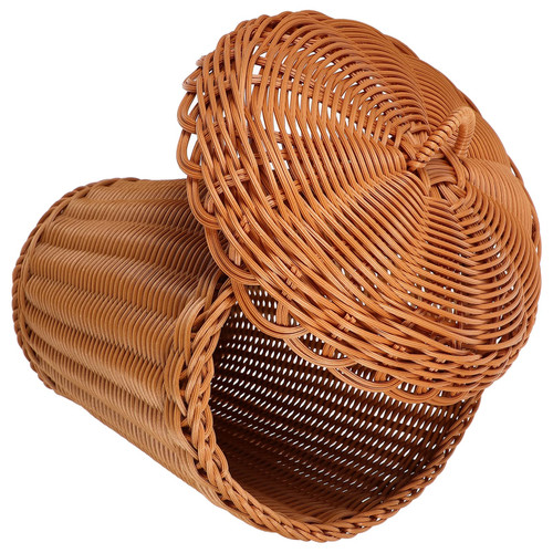 1pc Boho Bathroom Trash Can Bedroom Trash Bin Wicker Trash Can Waste Basket Woven Storage Basket Office Trash Can Laundry Hamper with Lid for Home or Office