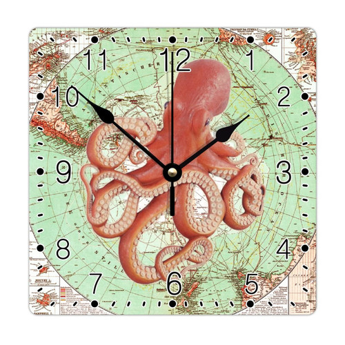 godblessign Squid Octopus Wall Clock Beach Square Clocks Sea Turtle Wisdom 10 Inch Wooden Wall Clocks Battery Operated Non-Ticking Rustic Cabin Wall Home Decor Living Room Bedroom Office Decor