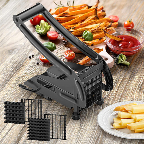 French Fry Cutter with 2 Blades, Professional Potato Cutter Stainless Steel, Potato Slicer French Fries, Press French Fries Cutter for Potato Cucumber Carrot Onion Vegetables(Black)