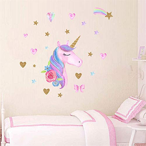 CCUT Cute Unicorn Wall Sticker Removal Unicorn Wall Decals with Bling Star&Heart PVC Wall Art Stickers Wall Mural Decor for Kids Girls Bedroom Home Nursery Room