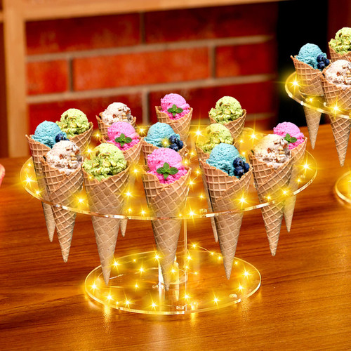 2 Pack LED Ice Cream Cone Holder with Lights 16 Holes Acrylic Ice Cream Cone Display Stand Waffle Cupcake Sugar Cone Cotton Candy Cones Display Rack for Birthday Weddings Parties Anniversaries